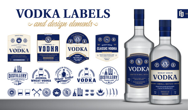 Vector blue and beige vodka labels. Realistic vodka glass bottle mockups. Distillery branding and identity design elements