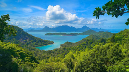 Obraz premium Langkawi Island is beautiful, the sea is beautiful, the sky is clear, the clouds are beautiful, and the trees are green.