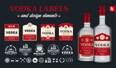 Vector red and beige vodka labels. Realistic vodka glass bottle mockups. Distillery branding and identity design elements