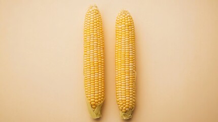 Two sweet corn cobs placed parallel to each other, isolated on a beige background, offering a fresh and simple aesthetic.