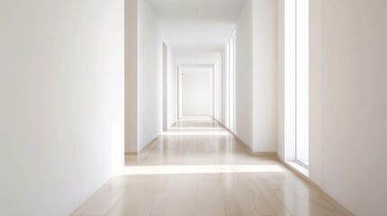 A simple, empty hallway with clean white walls and a light wooden floor, showcasing minimalism in architecture.