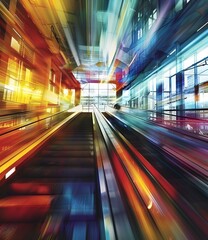 Escalator in Modern Building with Colorful Abstract Lights
