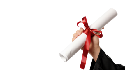 Hand graduates holding diploma on transparent background