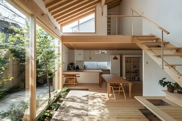 Modern Japanese Home Interior Design With Wooden Beams and Large Windows