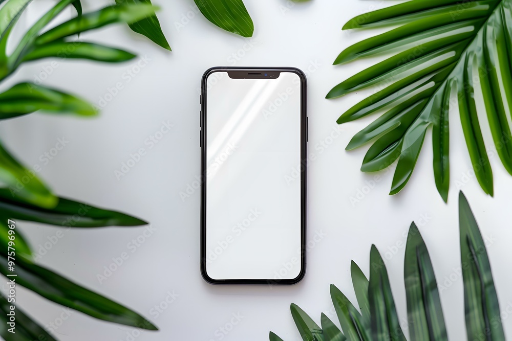 Wall mural Smartphone Mockup on White Background with Tropical Leaves