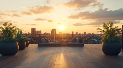 A spacious rooftop deck with sleek minimalist furniture, large potted plants, and cityscape views at sunset.