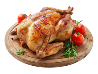 Whole fully cooked roasted chicken on a wooden cutting board.