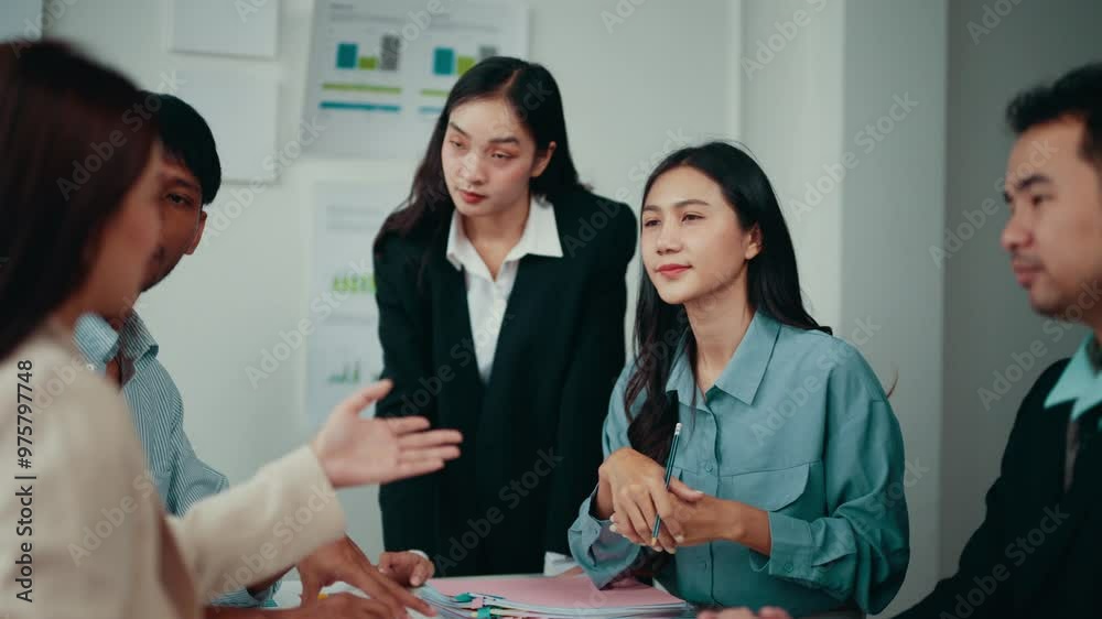 Aufkleber group of asian professionals engaging in a productive business meeting around a table, discussing st