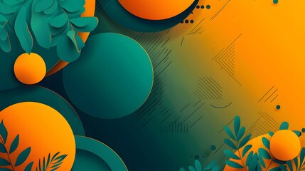 Abstract Geometric Shapes With Green Leaves On Orange Background