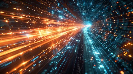 Fototapeta premium Abstract Digital Tunnel with Orange and Blue Light Streaks