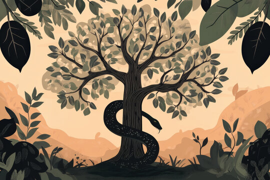 Illustration of the biblical tree of knowledge with a black snake wrapped around it in a vintage style
