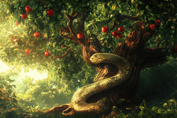 Big snake coiled around tree trunk looking at red fruits in a lush garden, representing the biblical scene of temptation and original sin