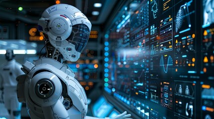 Fototapeta premium A humanoid robot with a white exterior and a blue visor looking at a large screen displaying data and medical information.