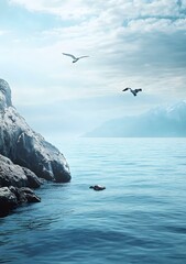 Seagull Flying Over Calm Ocean Water