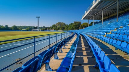 Obraz premium Blue Stadium Seats with Bright Sky Above, Perfect for Game Days and Spectators Enjoying the Field Area.