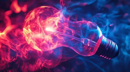 close-up of a glowing filament in an abstract light bulb, featuring bold red and blue hues that enhance the intricate patterns and visual impact of the illumination
