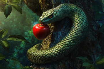 Green serpent is wrapped around a tree trunk, offering a red apple