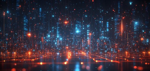 Fototapeta premium A Vibrant Vision of Digital Transformation: Exploring the Bright Future of Cityscapes and Technology. Virtual Business Team Concept