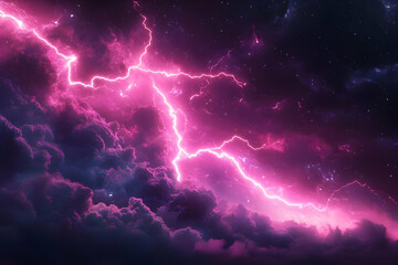 A stunning display of pink lightning illuminating the dark clouds in a surreal night sky, creating a mesmerizing cosmic scene.