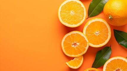 Fresh Orange Slices and Leaves on Orange Background