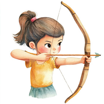 recommend clip art: cute girl playing Archery watercolor clipart illustration isolated