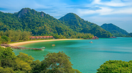 Langkawi Island is beautiful, the sea is beautiful, the sky is clear, the clouds are beautiful, and the trees are green.