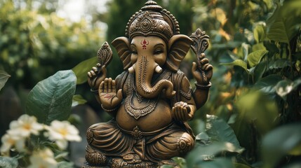 Fototapeta premium An eco-friendly Ganesha statue adorned with leaves and flowers, reflecting harmony with nature.