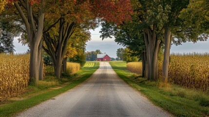 Obraz premium Countryside Road Leading to a Red Barn
