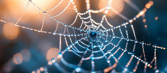 A pristine spider web adorned with dewdrops, capturing the morning light against a blurred background, showcasing nature's beauty.