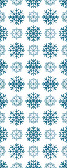 A repeating pattern of snowflakes in varying designs and shades of blue on a white background, suitable for winter-themed designs.