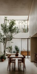 Fototapeta premium Minimalist Modern Dining Room With Indoor Tree And Natural Light