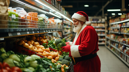 Santa Claus shopping for fresh vegetables in a grocery store. Festive Santa choosing healthy produce, promoting sustainability and eco-friendly choices.