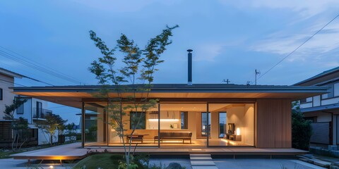 Fototapeta premium Modern Japanese House with Wooden Deck and Large Windows