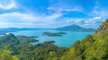 Langkawi Island is beautiful, the sea is beautiful, the sky is clear, the clouds are beautiful, and the trees are green.