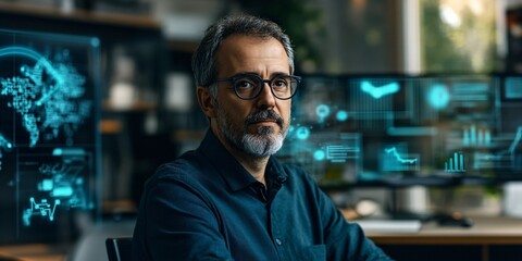 Fototapeta premium A portrait of a blockchain expert working in a modern office, surrounded by digital graphics and diagrams depicting the future of the technology