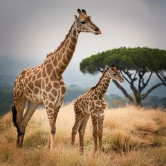 Fototapeta premium mom giraffe and cub, AI generated