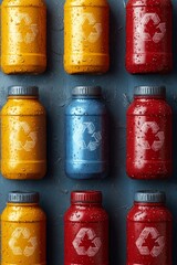 Colorful recyclable containers with water droplets on a textured background.
