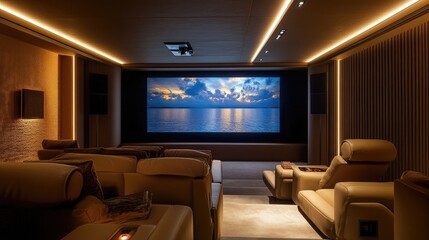 Luxurious home cinema with plush leather seating, a massive screen, and dimmable recessed lighting for an immersive viewing experience.