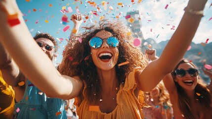 Obraz premium friends gathered on a sunny day, celebrating with laughter and colorful confetti, showcasing the unity, happiness, and festive energy of a carefree outdoor party