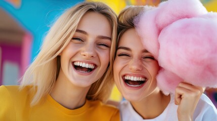 Fototapeta premium Two women are smiling and holding cotton candy in their hands, AI