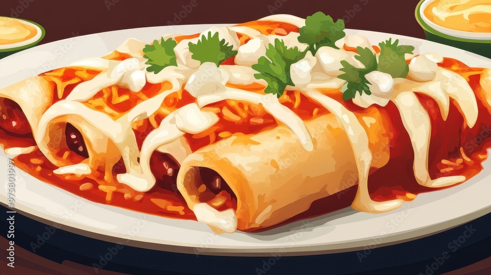 Sticker delicious enchiladas with creamy sauce and garnish