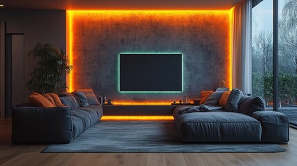 Modern Living Room with LED Lights