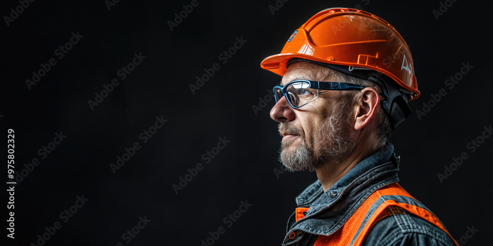 Wall mural construction worker wearing safety glasses and hard hat looking right