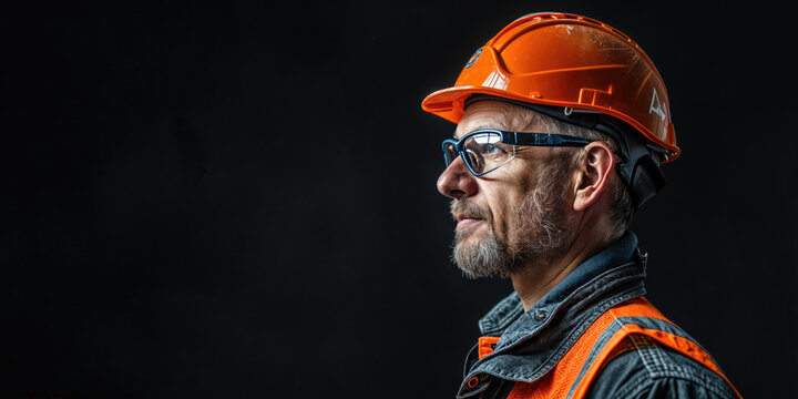 Construction worker wearing safety glasses and hard hat looking right