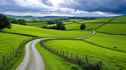 Fototapeta premium Winding Country Road Through Rolling Green Hills with Sheep