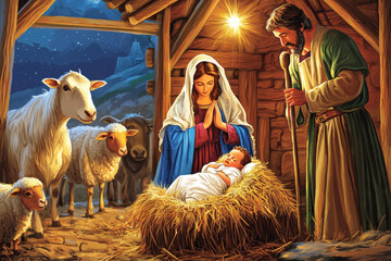 The holy family is gathered in a manger at night, illuminated by a bright star © Running opossum