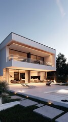 Fototapeta premium Modern Minimalist Home with Pool and Lawn