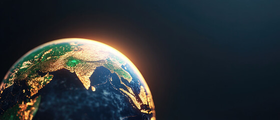 Glowing Earth at Twilight, a captivating view showcasing the illuminated contours of Asia, contrasting vibrant greens with the deep ocean, set against a dark backdrop.