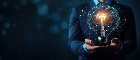 Fototapeta premium Businessman Holding a Light Bulb Concept