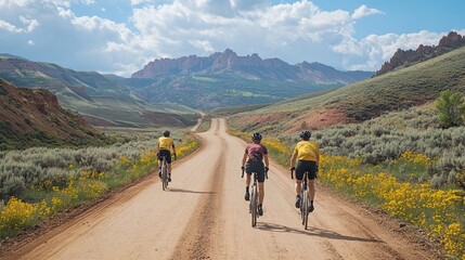 Obraz premium an adventurous group of cyclists pedaling down a scenic dirt road, enveloped by the countryside's natural beauty, embodying health, fitness, and the spirit of outdoor exploration